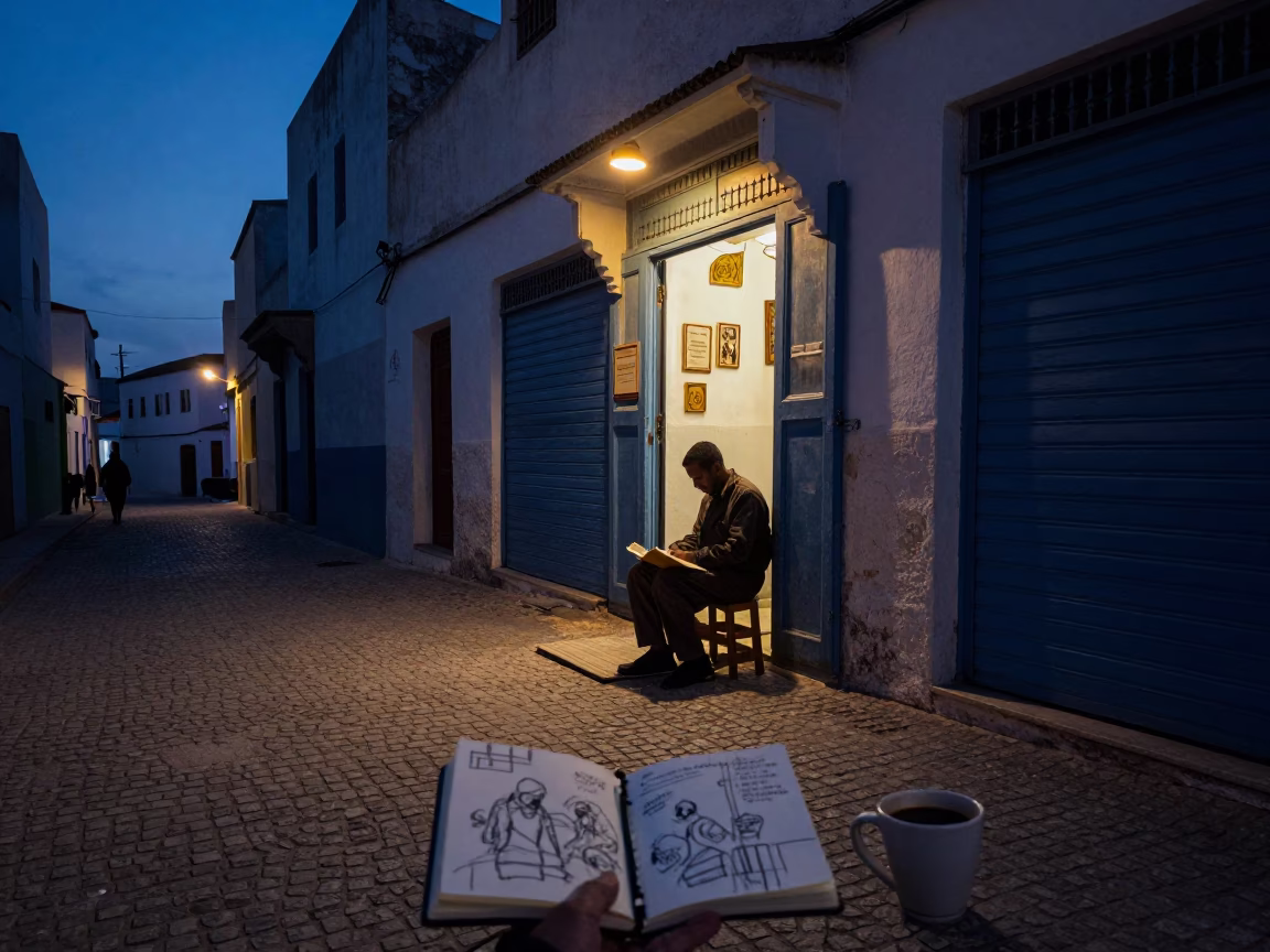 Predawn Street Scene in Essaouira Morocco with Sketchbook and Coffee in in Essaouira, Morocco