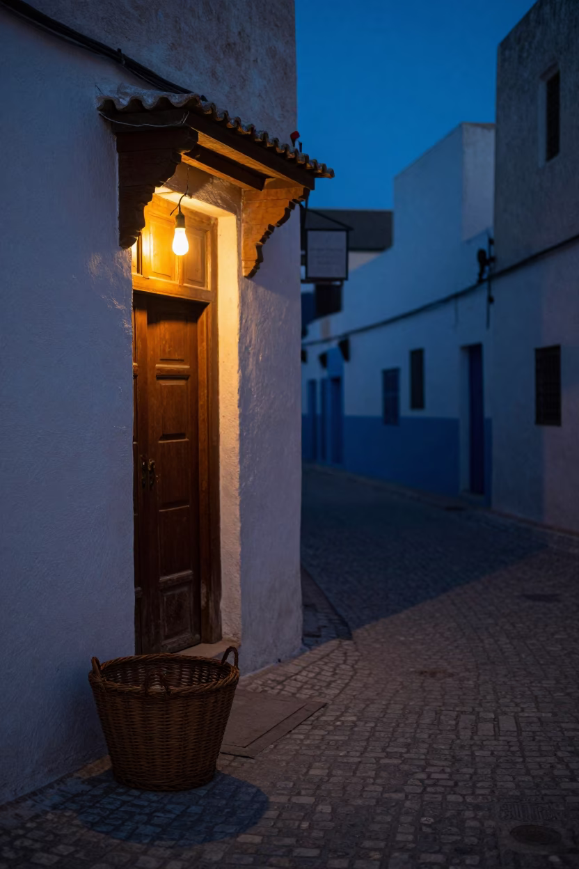 Predawn Street Scene in Essaouira Morocco with Wicker Basket and Rusty Hinge in in Essaouira, Morocco
