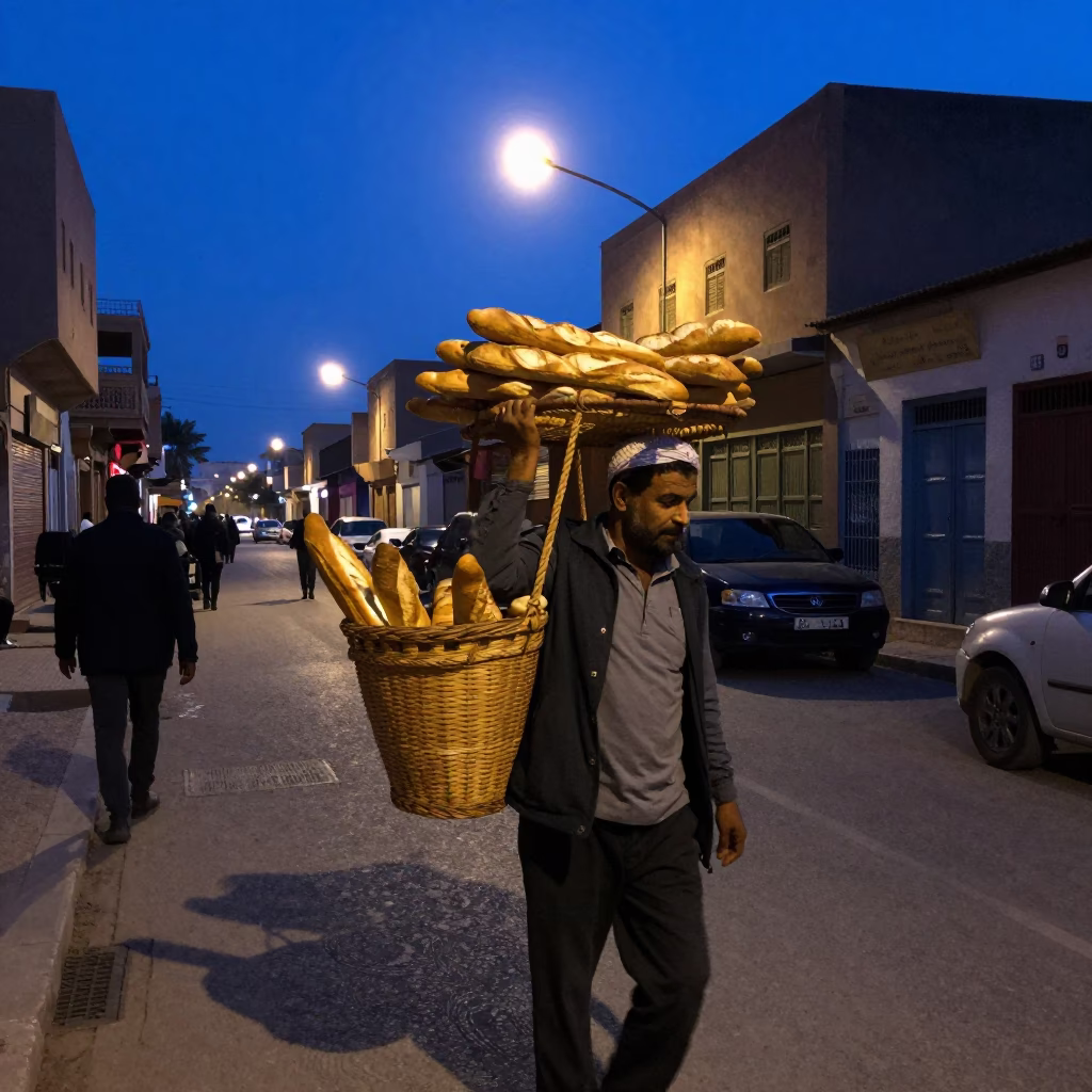 Predawn Street Scene in Fez Morocco with Baker Carrying Fresh Baguettes in in Fez, Morocco