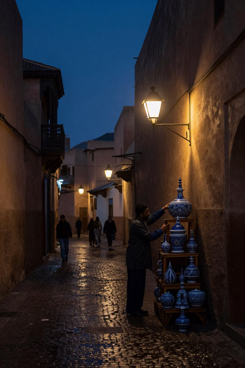 Predawn Street Scene in Fez Morocco with Blue Porcelain and Wooden Details in in Fez, Morocco