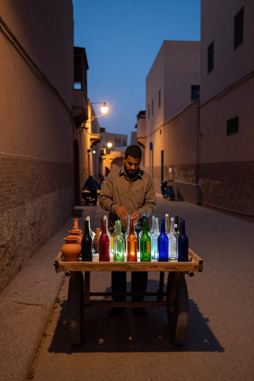 Predawn Street Scene in Fez Morocco with Colorful Bottles and Clay Pots in in Fez, Morocco
