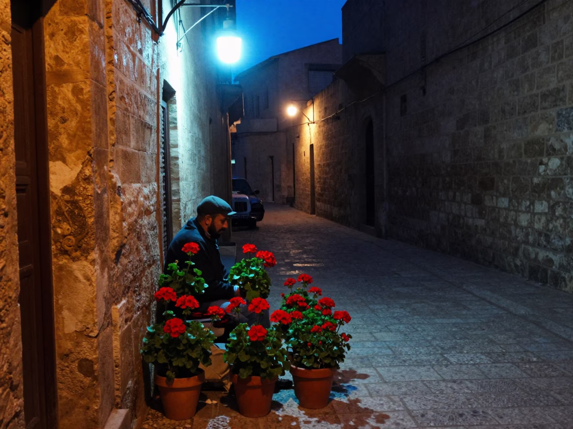 Predawn street scene in Fez Morocco with geraniums and early morning activity in in Fez, Morocco