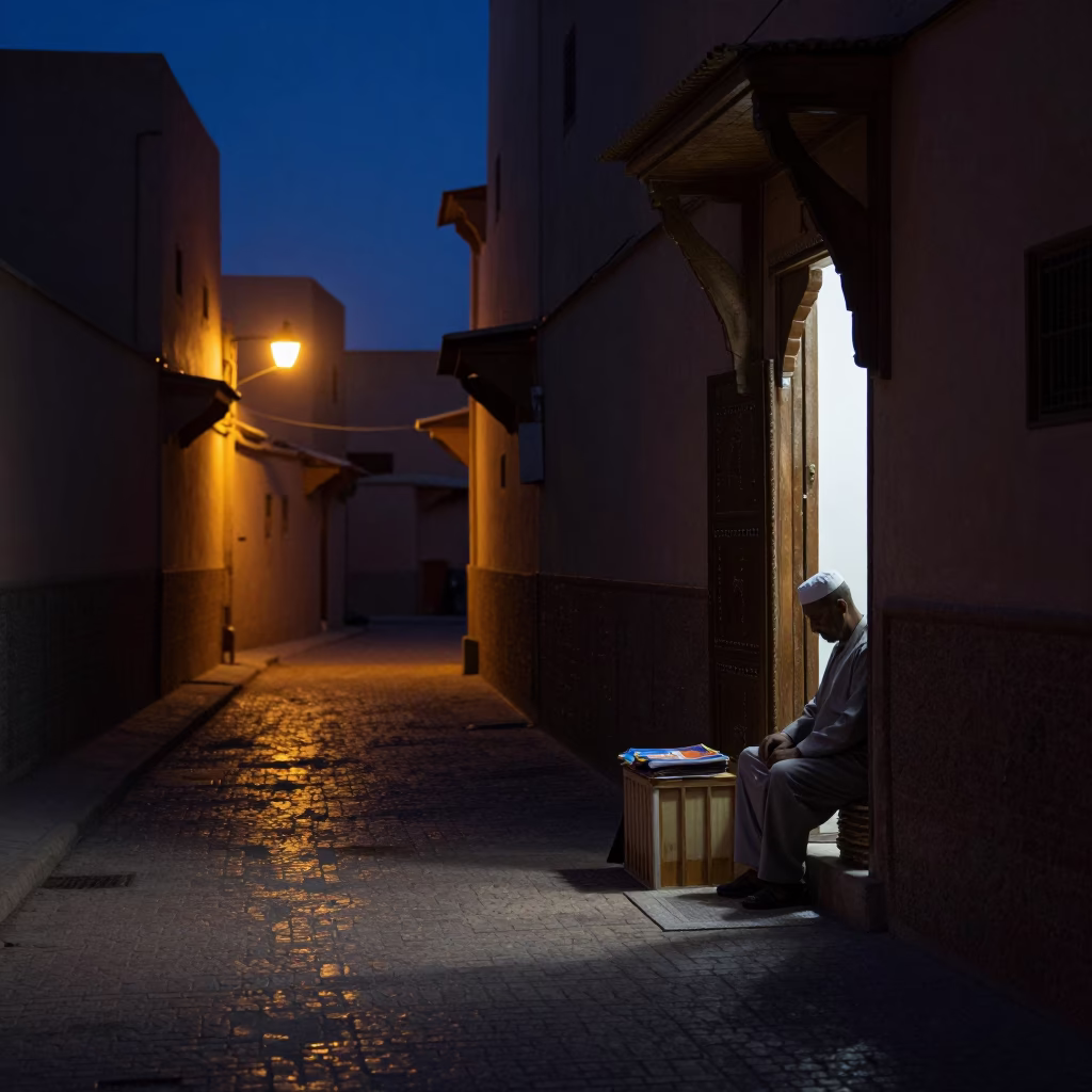Predawn Street Scene in Fez Morocco with Local Artisan and Traditional Elements in in Fez, Morocco