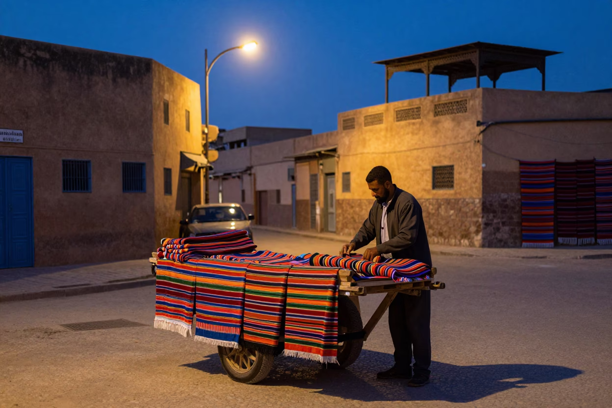 Predawn street scene in Fez Morocco with striped fabric and morning light in in Fez, Morocco