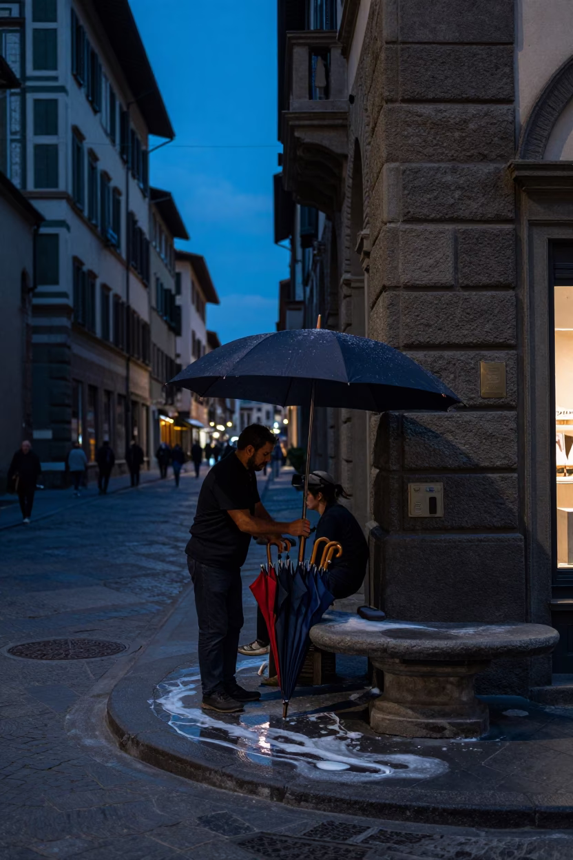 Predawn Street Scene in Florence Italy with Umbrellas and Soap Residue in in Florence, Italy