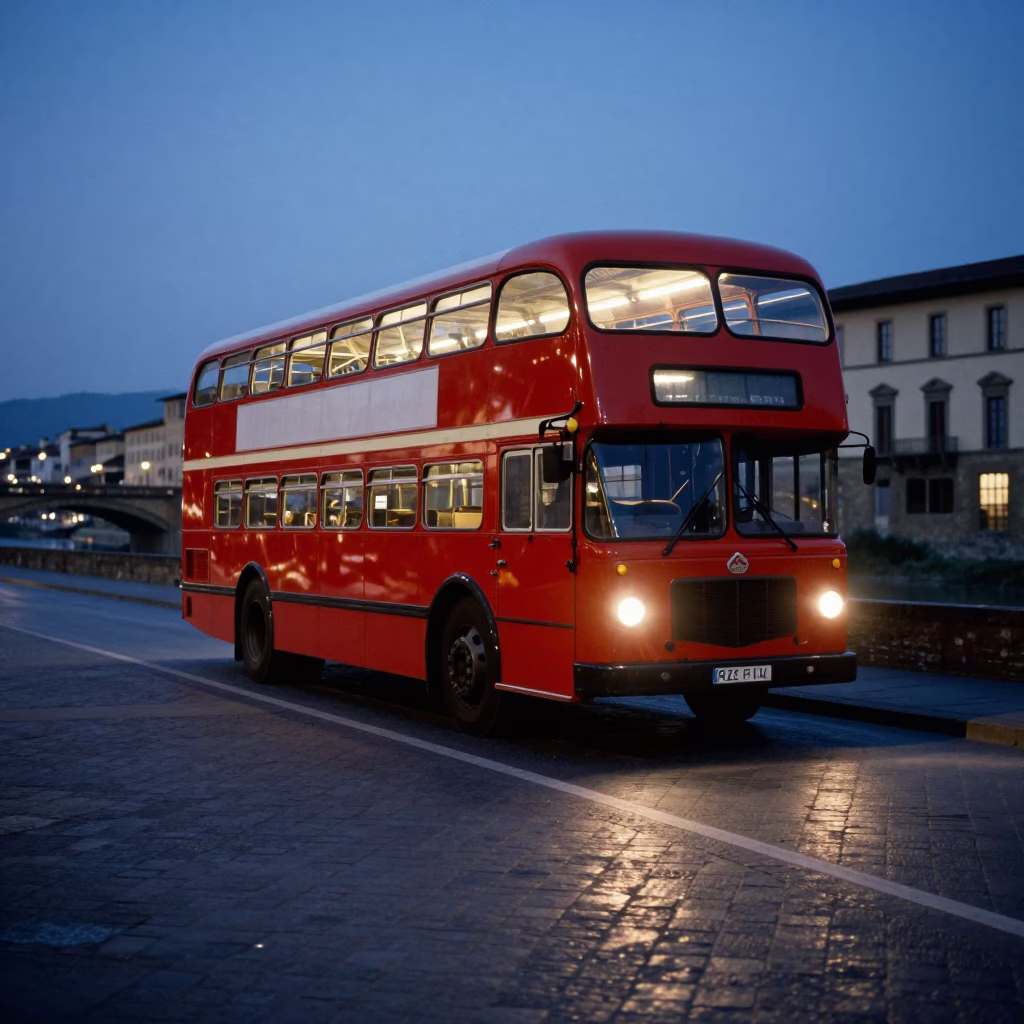 Predawn Street Scene in Florence Italy with Vintage Double Decker Bus in in Florence, Italy