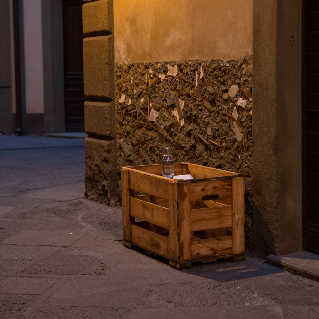 Predawn Street Scene in Florence Italy with Wooden Crate and Glass Display in in Florence, Italy