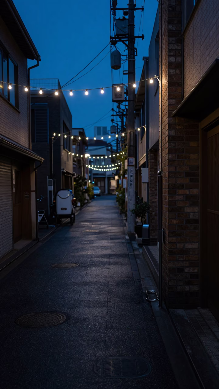Predawn street scene in Fukuoka Japan with string lights and urban details in in Fukuoka, Japan