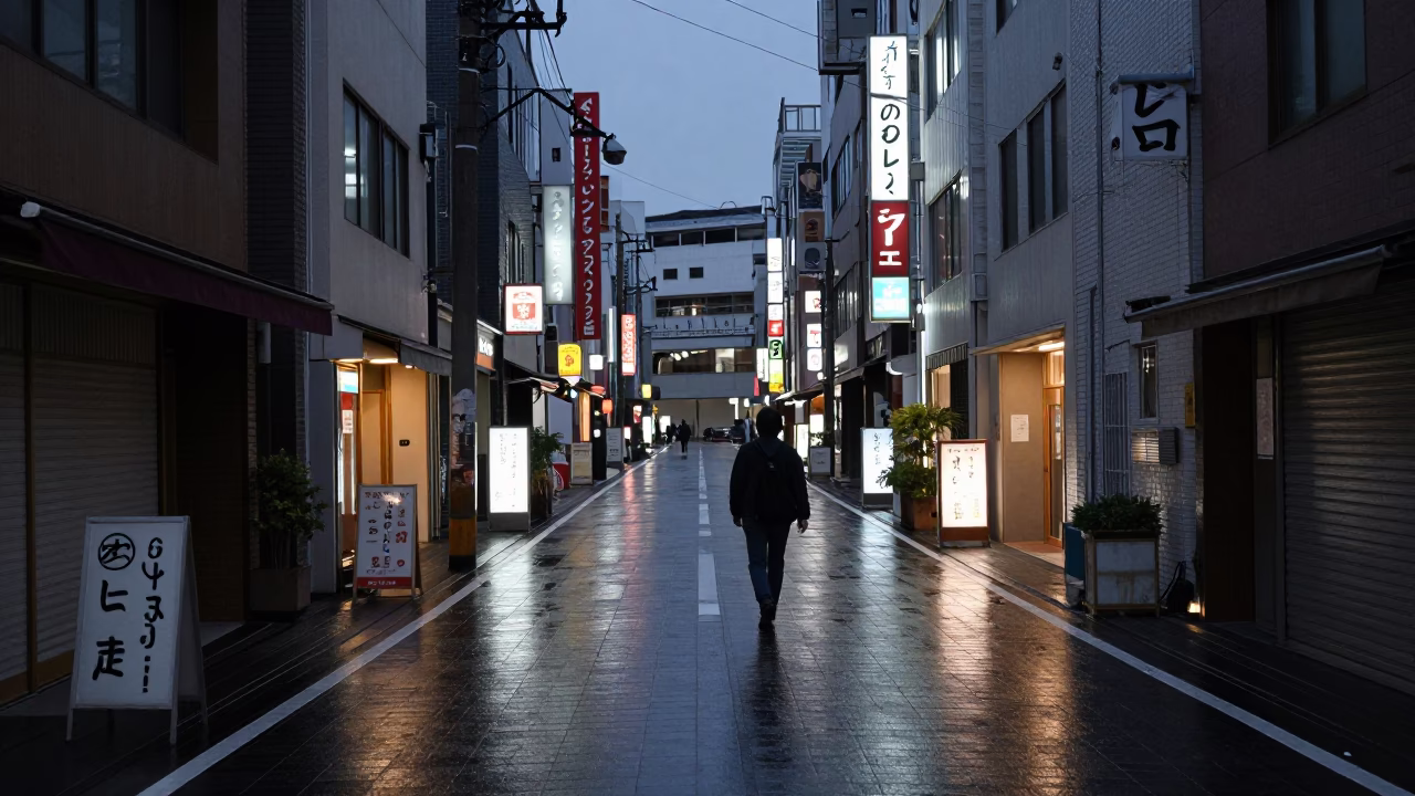 Predawn street scene in Fukuoka Japan with wet pavement and urban architecture in in Fukuoka, Japan