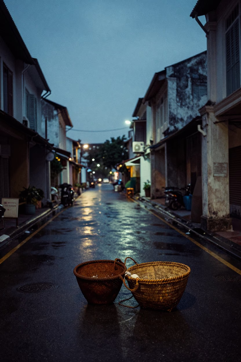 Predawn Street Scene in George Town Malaysia with Mending Basket and Rust in in George Town, Malaysia