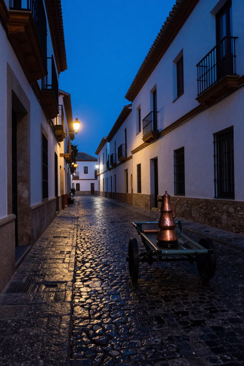 Predawn street scene in Granada Spain with copper coffee pot and brass details in in Granada, Spain