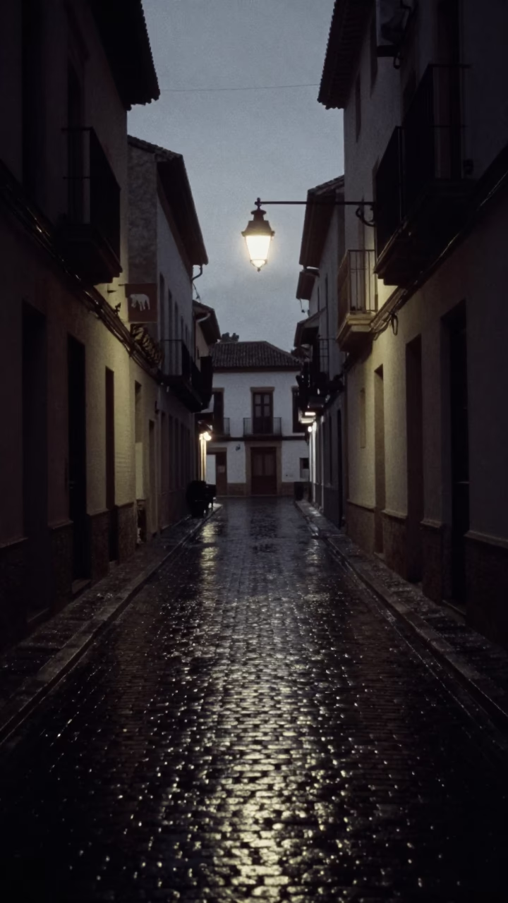 Predawn street scene in Granada Spain with dim lighting and urban details in in Granada, Spain