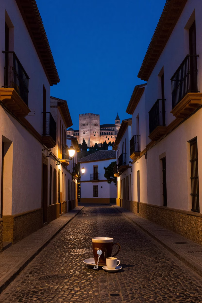 Predawn Street Scene in Granada Spain with Heirloom Key and Coffee Tin in in Granada, Spain