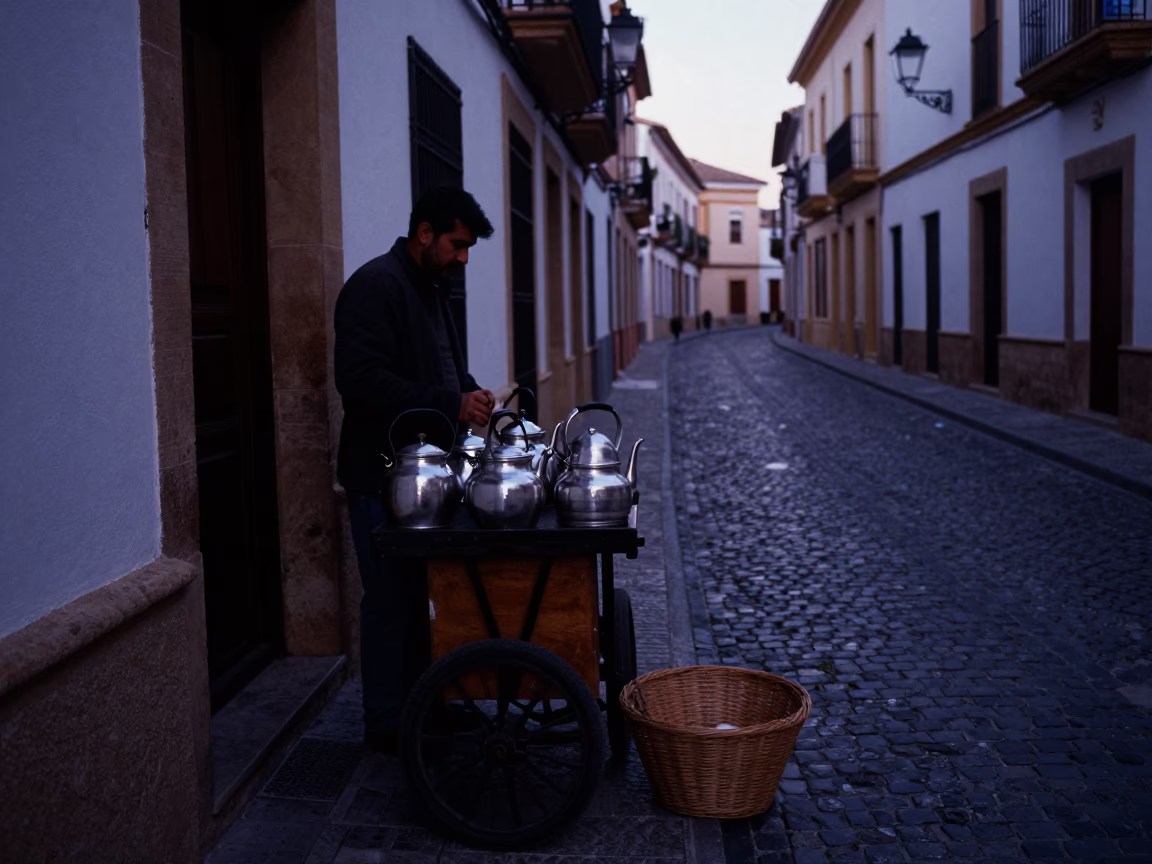 Predawn Street Scene in Granada Spain with Tea Kettles and Basket in in Granada, Spain