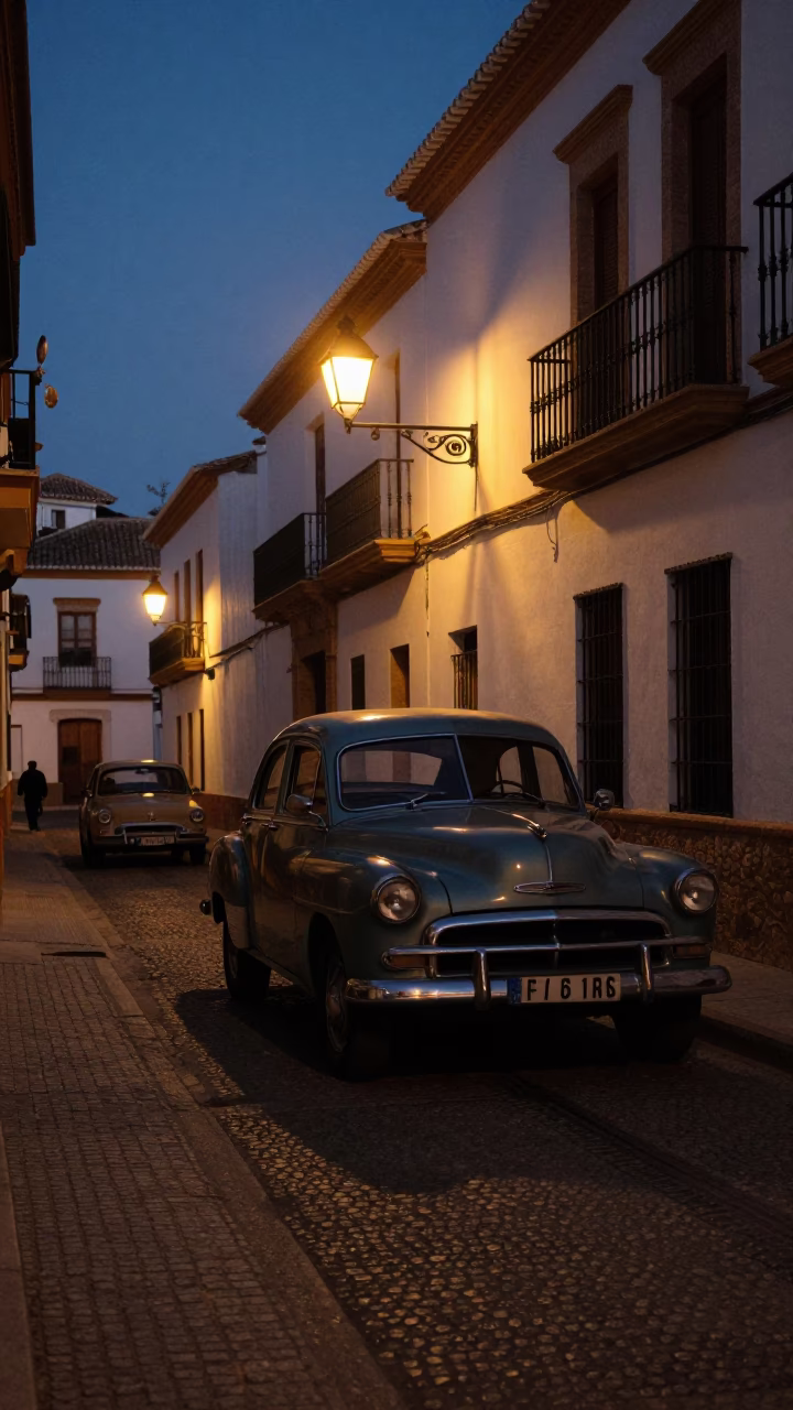 Predawn Street Scene in Granada Spain with Vintage Car and Local Market Activity in in Granada, Spain