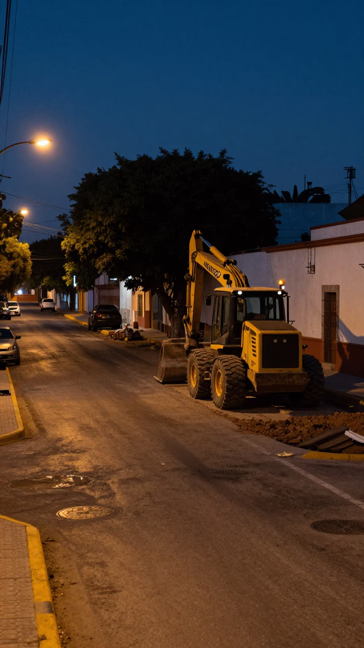 Predawn Street Scene in Guadalajara Mexico with Construction Equipment and Local Commerce in in Guadalajara, Mexico