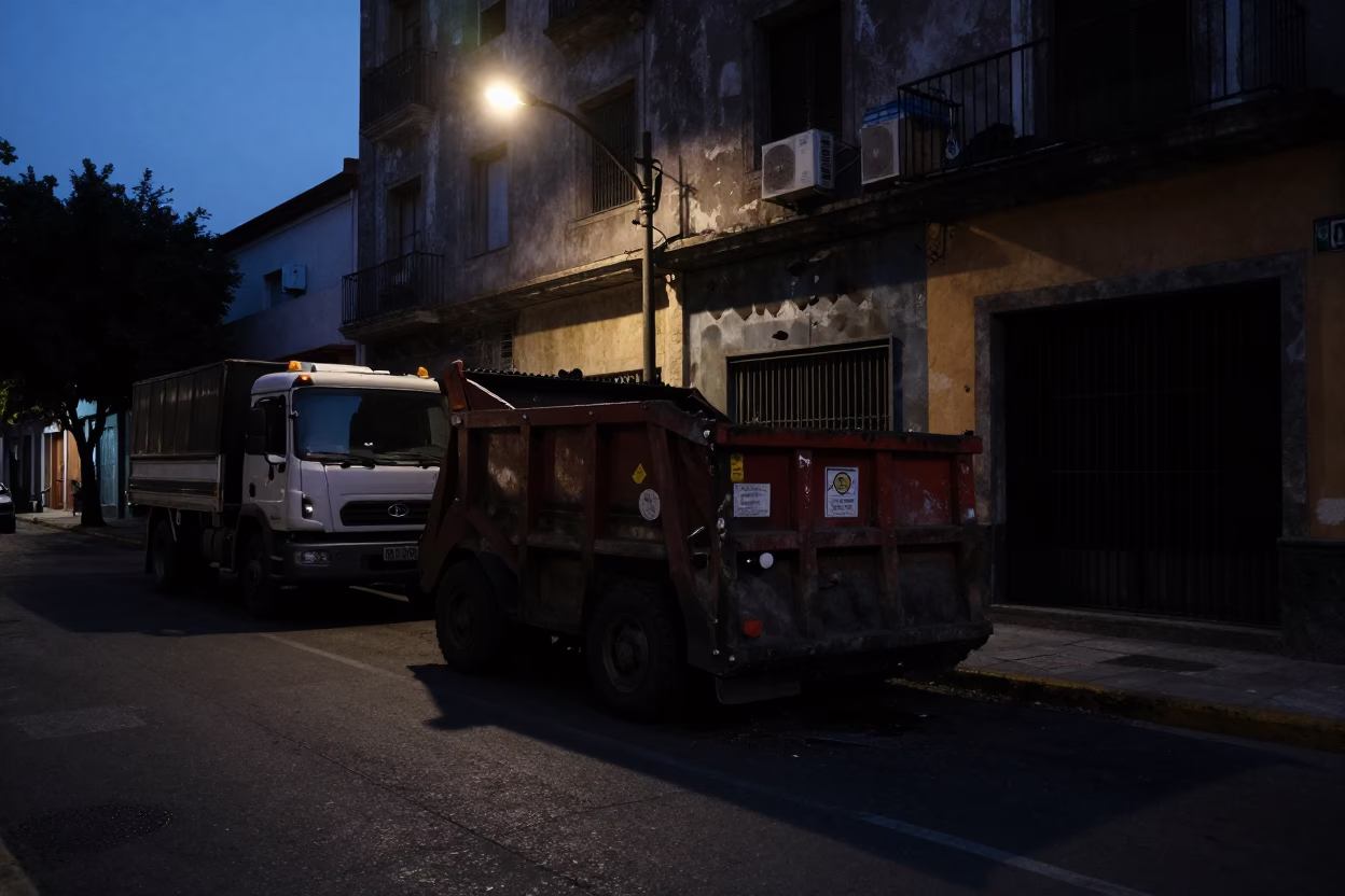 Predawn Street Scene in Guadalajara Mexico with Demolition Dumpster and Urban Decay in in Guadalajara, Mexico