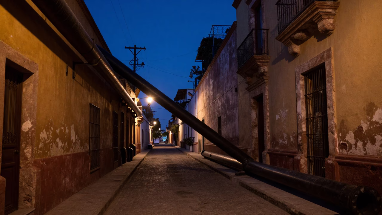 Predawn Street Scene in Guadalajara Mexico with District Heating Pipes and Concrete Apartment Blocks in in Guadalajara, Mexico