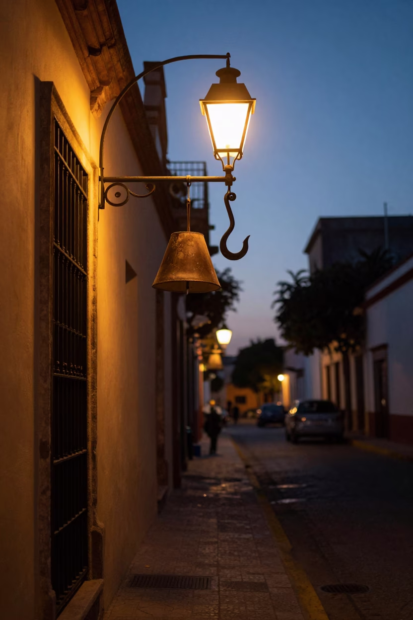 Predawn Street Scene in Guadalajara Mexico with Iron Hook and Lampshade in in Guadalajara, Mexico