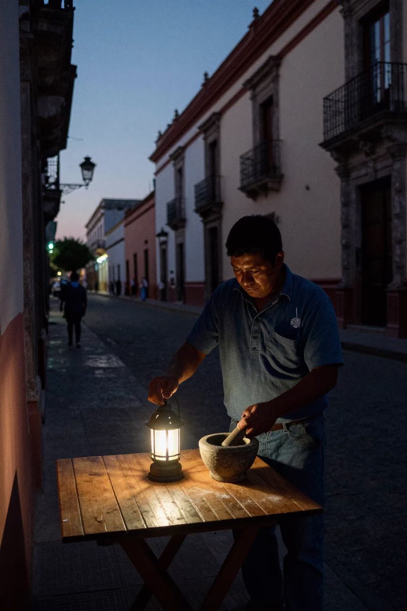 Predawn Street Scene in Guadalajara Mexico with Lantern and Mortar Pestle in in Guadalajara, Mexico