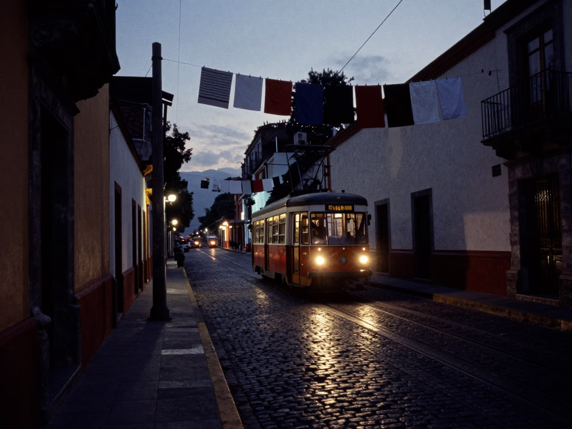 Predawn Street Scene in Guadalajara Mexico with Laundry Pins and Tram on Steep Hill in in Guadalajara, Mexico