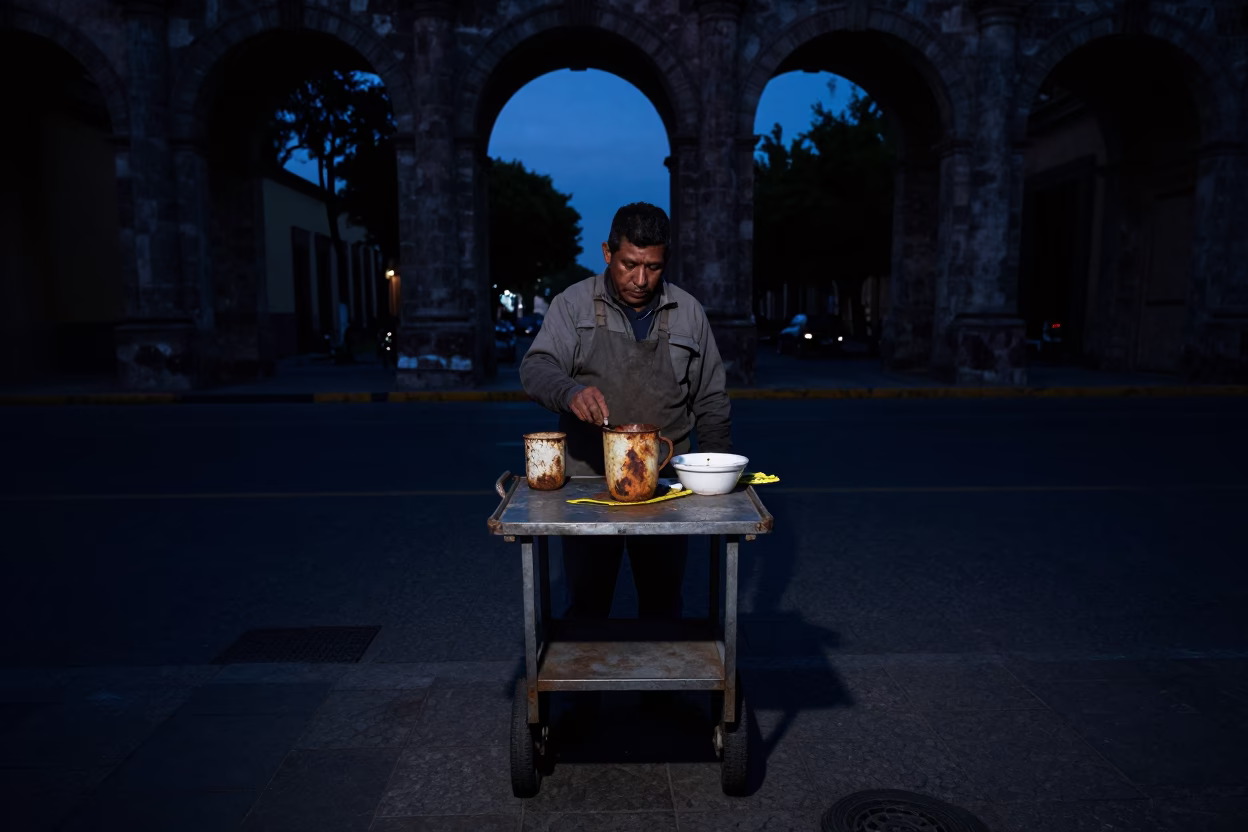 Predawn Street Scene in Guadalajara Mexico with Rusty Cup and Measuring Tape in in Guadalajara, Mexico