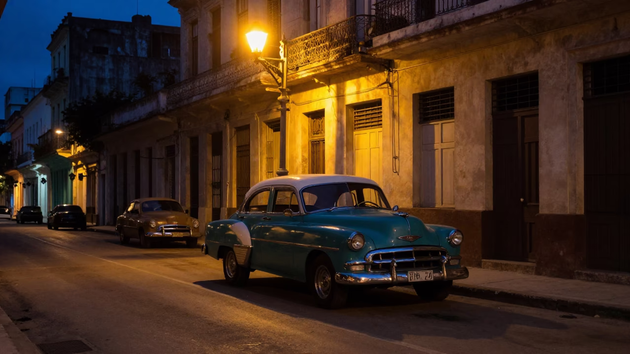 Predawn Street Scene in Havana Cuba with Old Vintage Car and Street Vendor in in Havana, Cuba