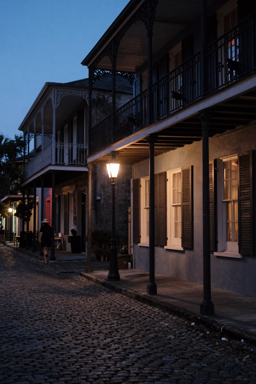 Predawn Street Scene in Historic Charleston South Carolina with Kettle on Porch in in Charleston, South Carolina, United States