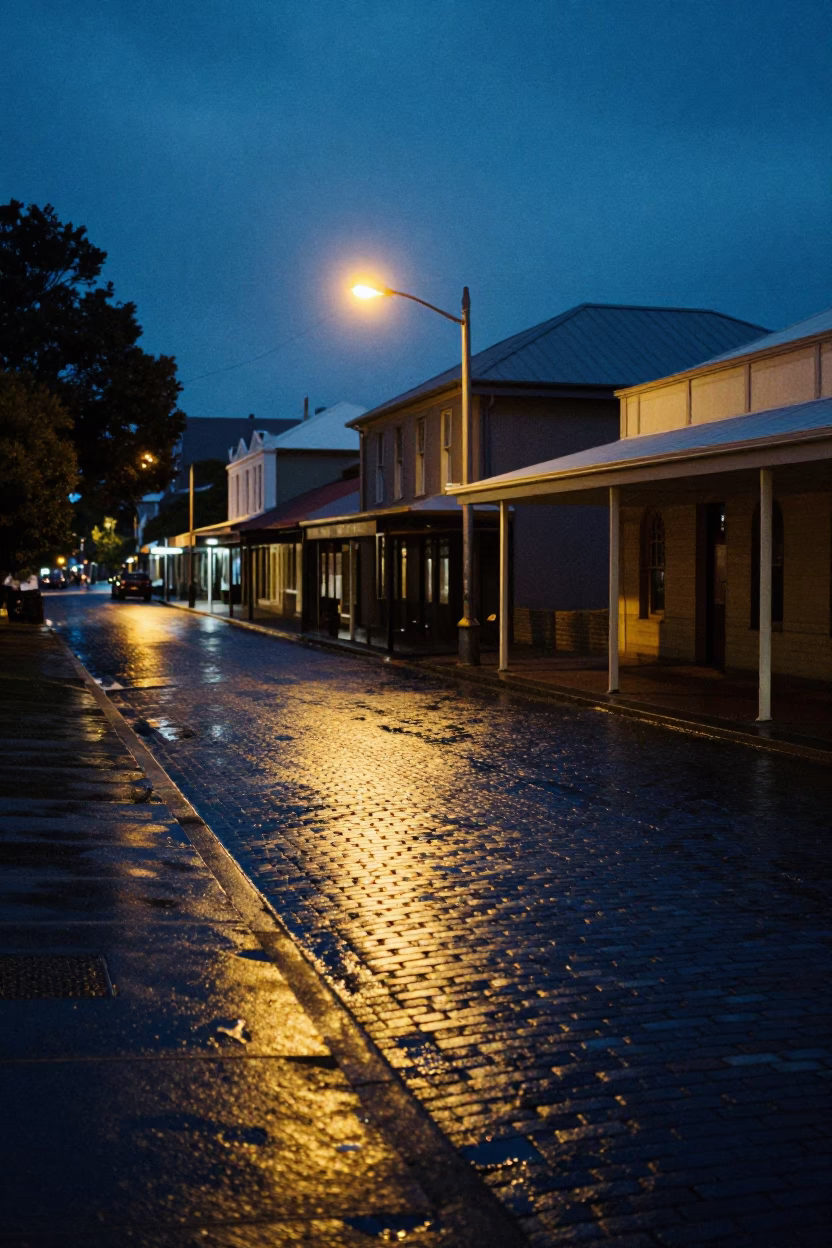 Predawn Street Scene in Hobart Tasmania Australia with Vintage 1950s Aesthetic in in Hobart, Tasmania, Australia