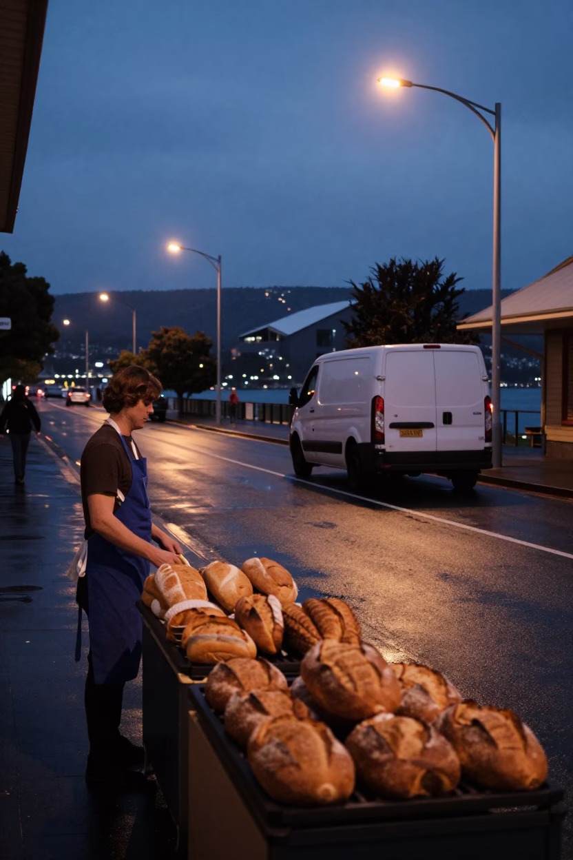 Predawn street scene in Hobart Tasmania with aprons and bread loaves in in Hobart, Tasmania, Australia