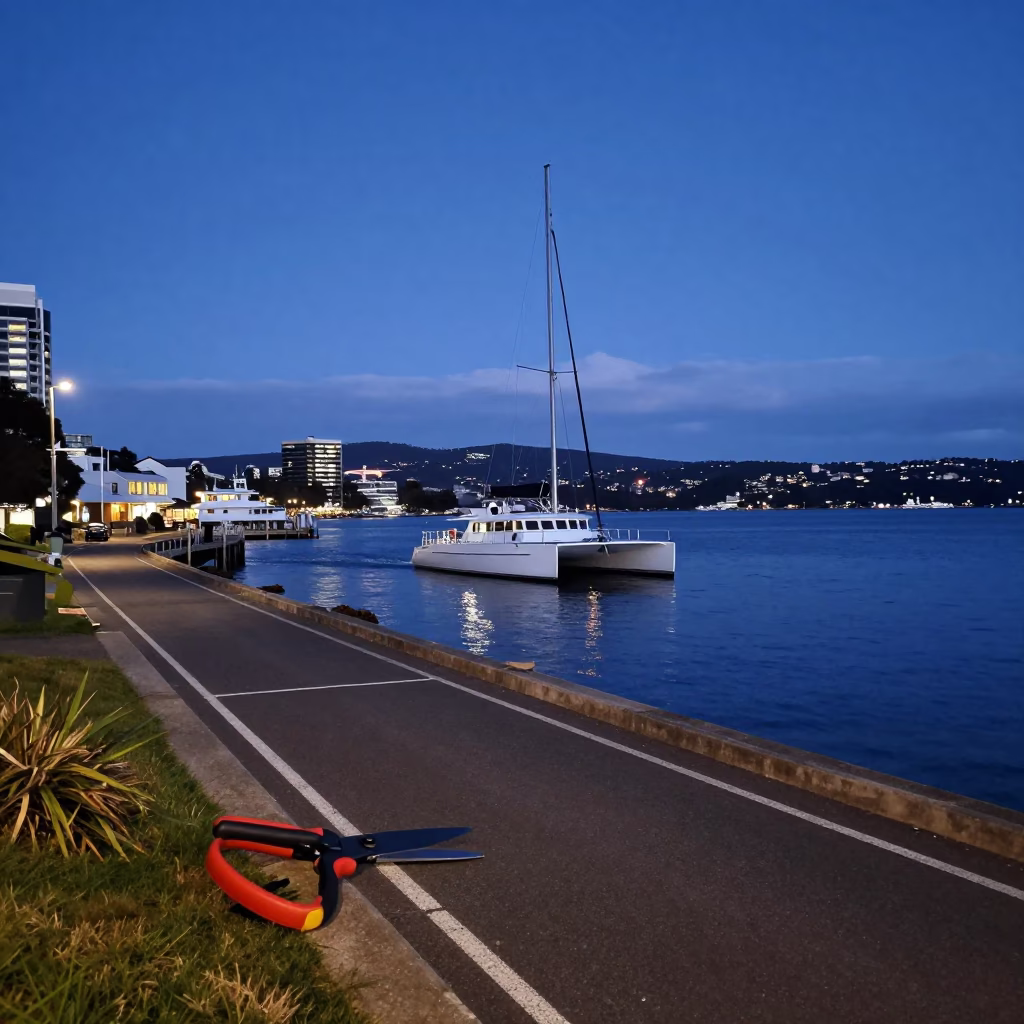Predawn street scene in Hobart Tasmania with catamaran and garden shears in in Hobart, Tasmania, Australia