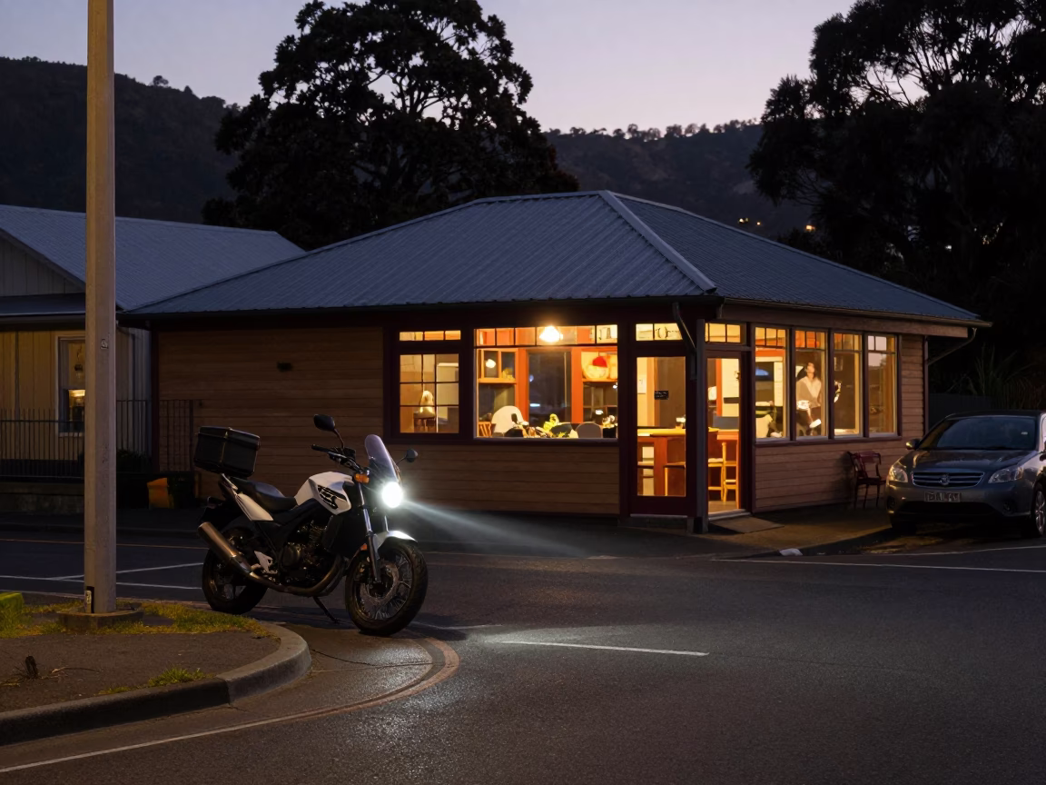 Predawn Street Scene in Hobart Tasmania with Parked Motorcycle and Local Shopfront in in Hobart, Tasmania, Australia