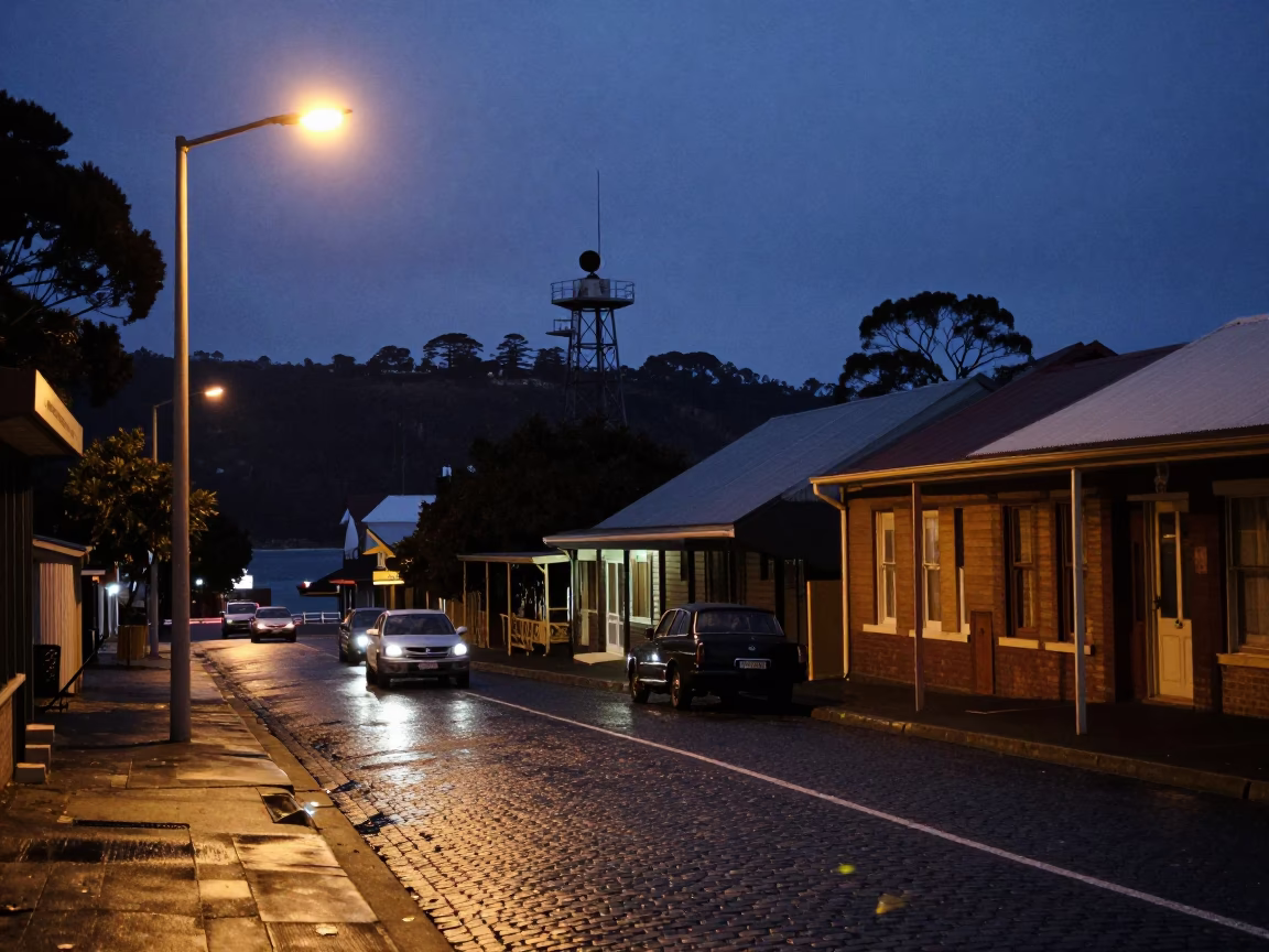 Predawn Street Scene in Hobart Tasmania with Vintage 1960s Atmosphere in in Hobart, Tasmania, Australia