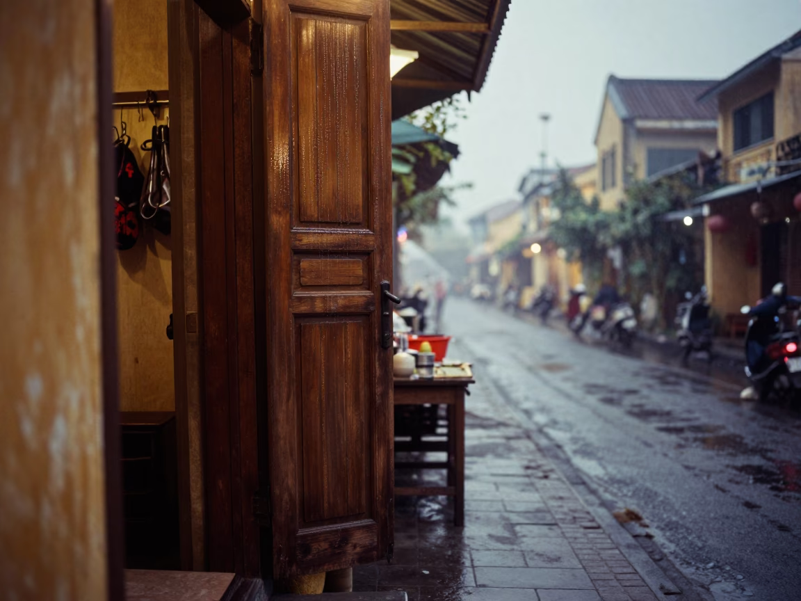 Predawn Street Scene in Hoi An Vietnam with Condensation and Local Commerce in in Hoi An, Vietnam