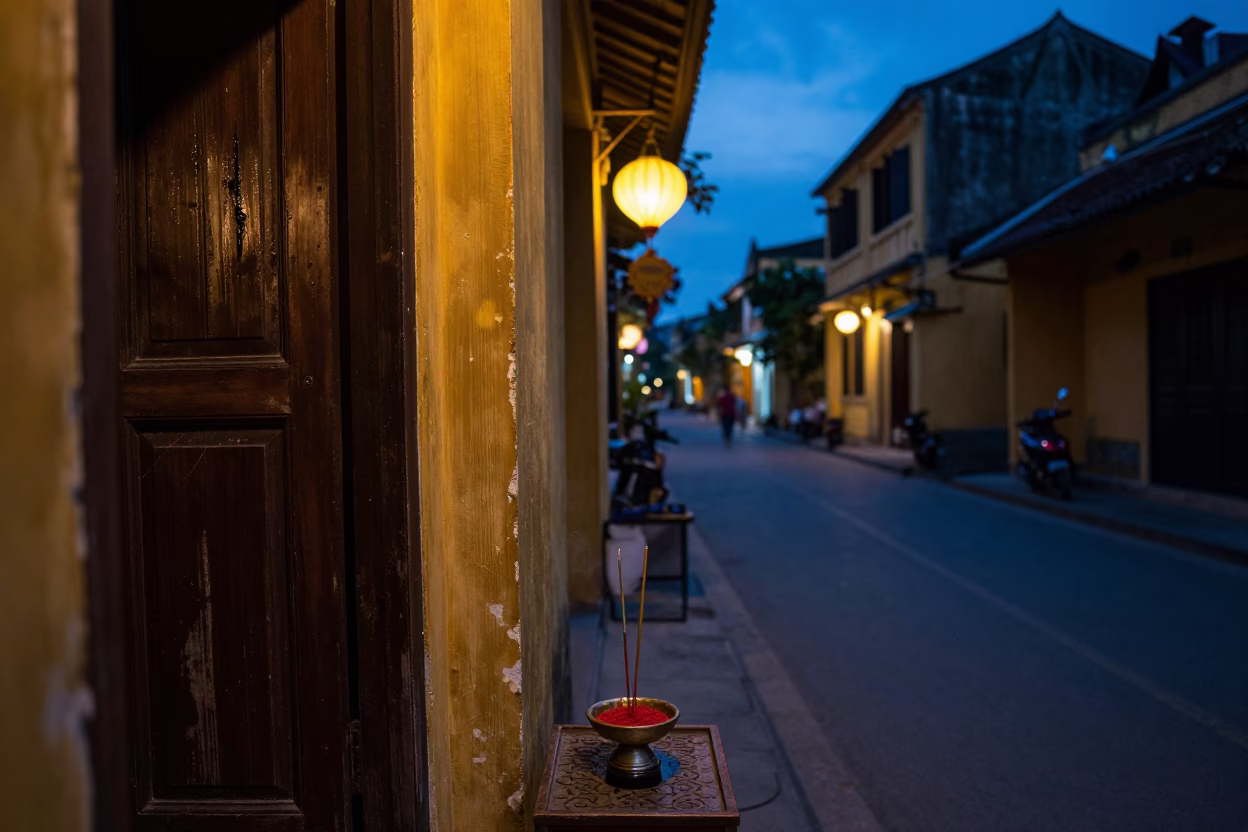Predawn Street Scene in Hoi An Vietnam with Incense Holder and Grease Sheen in in Hoi An, Vietnam
