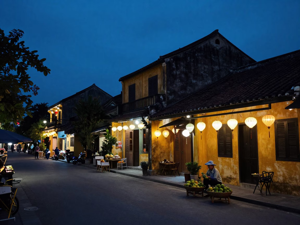 Predawn street scene in Hoi An Vietnam with lanterns and local commerce in in Hoi An, Vietnam