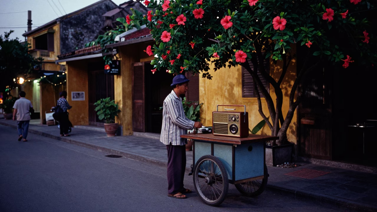 Predawn Street Scene in Hoi An Vietnam with Vintage Radio and Hibiscus in in Hoi An, Vietnam