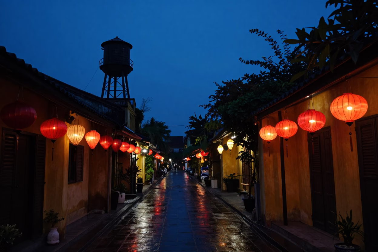 Predawn street scene in Hoi An Vietnam with water tower and lanterns in in Hoi An, Vietnam