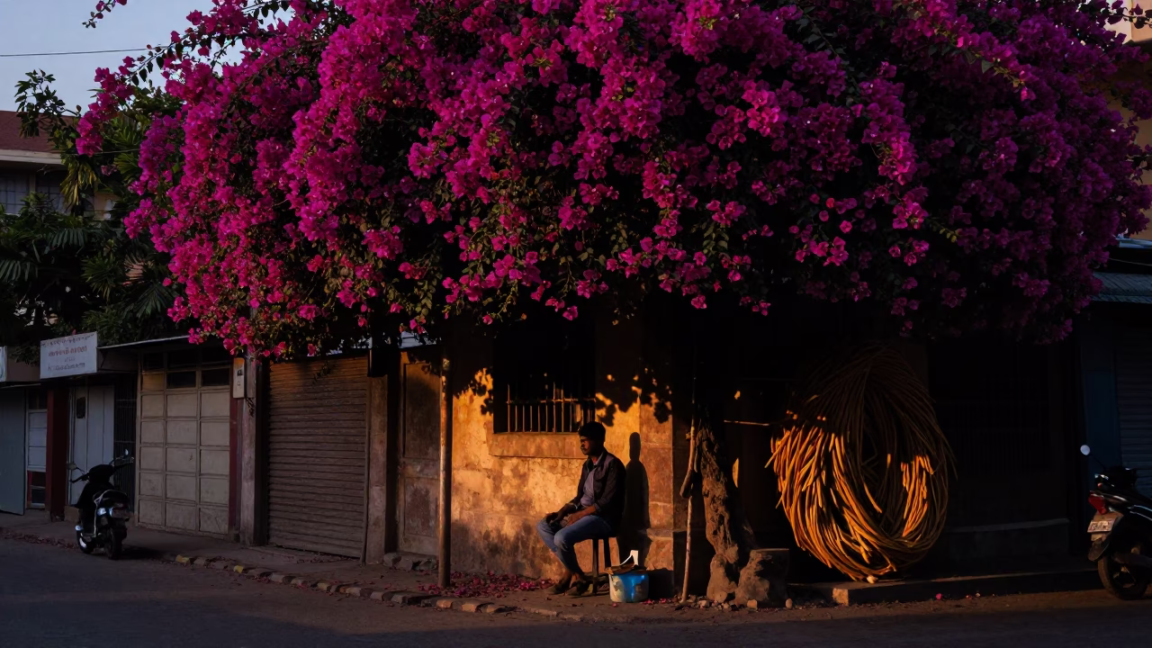 Predawn Street Scene in Hyderabad India with Bougainvillea and Mops in in Hyderabad, India
