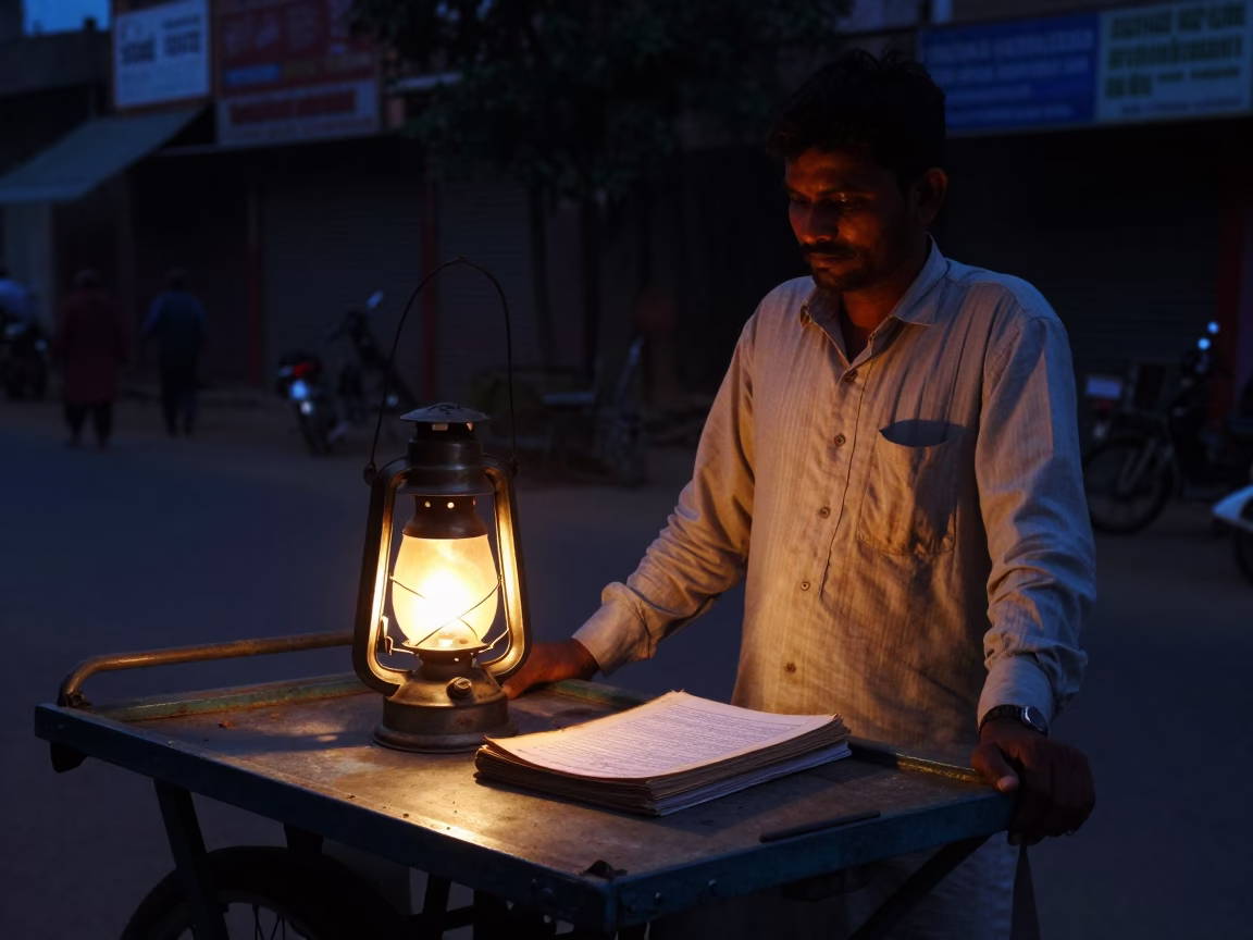 Predawn Street Scene in Hyderabad India with Oil Lamp and Ledger Book in in Hyderabad, India