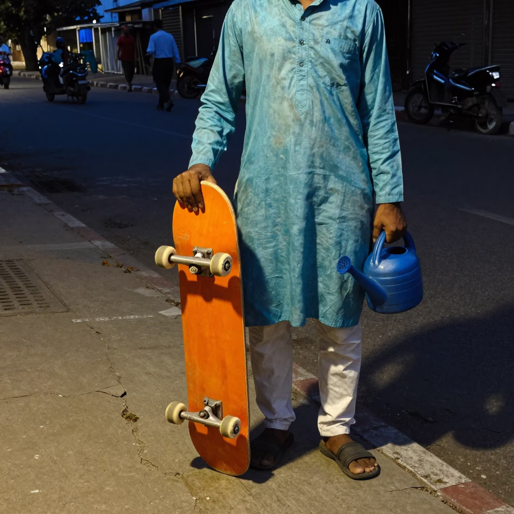 Predawn Street Scene in Hyderabad India with Skateboard and Watering Jug in in Hyderabad, India