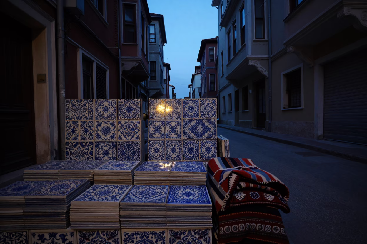 Predawn Street Scene in Istanbul Turkey with Ceramic Tiles and Blanket in in Istanbul, Turkey