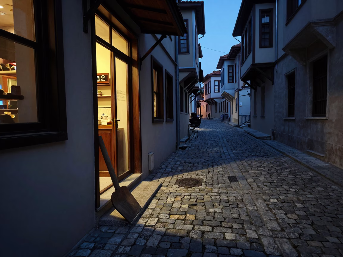 Predawn Street Scene in Izmir Turkey with Boot Scraper and Linen Fringe in in Izmir, Turkey