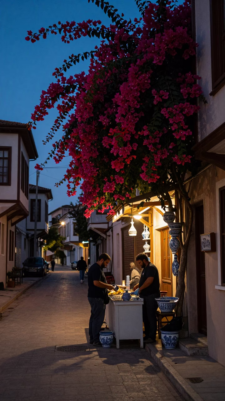 Predawn Street Scene in Izmir Turkey with Bougainvillea and Vintage Majolica Plate in in Izmir, Turkey
