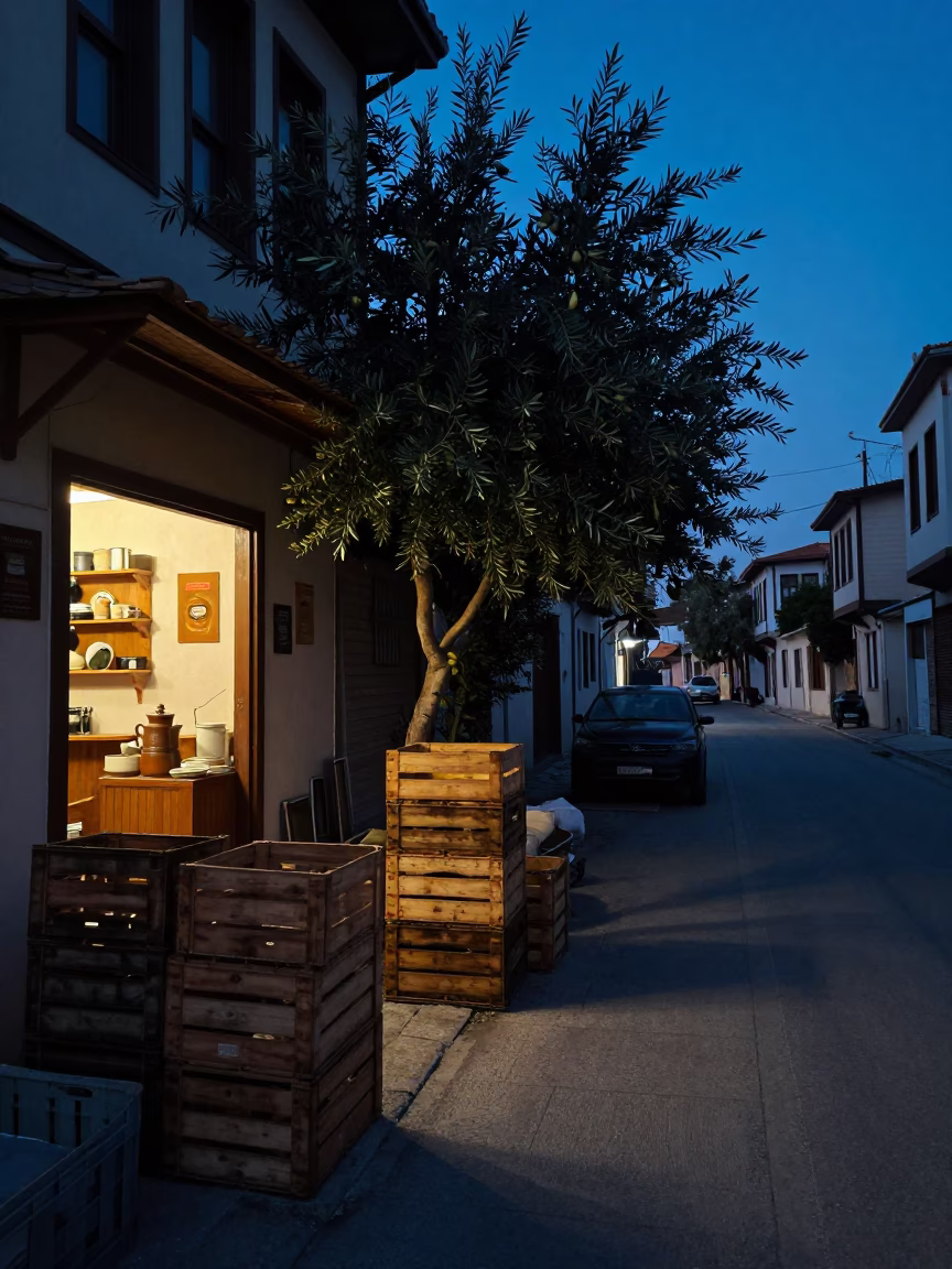 Predawn Street Scene in Izmir Turkey with Crates and Olive Trees in in Izmir, Turkey