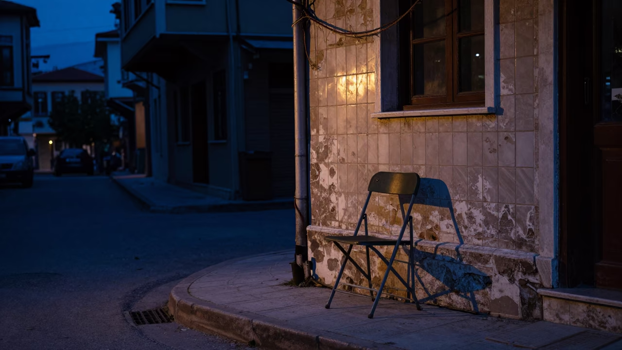 Predawn Street Scene in Izmir Turkey with Folding Chair and Urban Details in in Izmir, Turkey