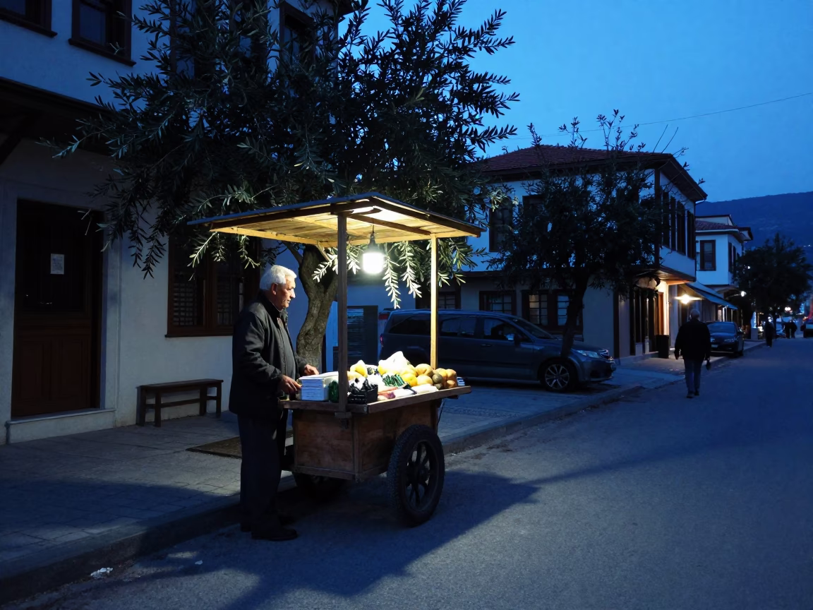 Predawn street scene in Izmir Turkey with local olive vendor and quiet coastal atmosphere in in Izmir, Turkey