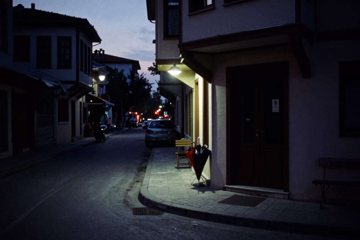 Predawn Street Scene in Izmir Turkey with Umbrella Stand and Tea Towel in in Izmir, Turkey