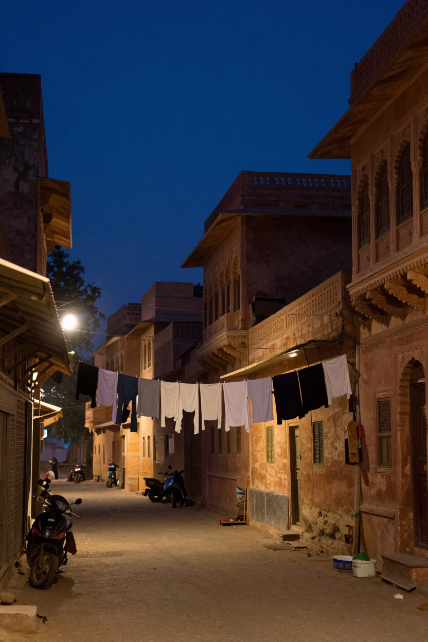 Predawn Street Scene in Jaipur India with Clothesline and Urban Architecture in in Jaipur, India