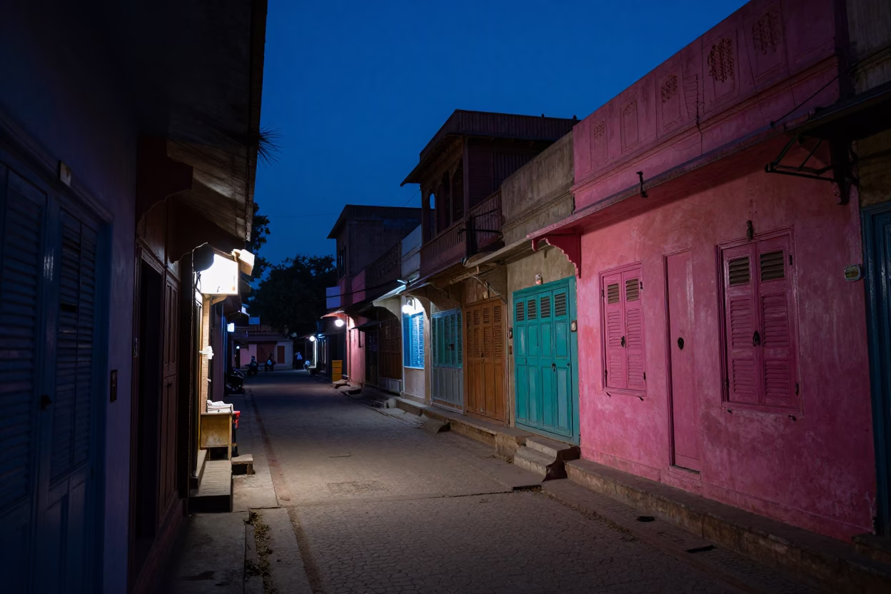 Predawn Street Scene in Jaipur India with Colorful Shop Shutters and Morning Light in in Jaipur, India